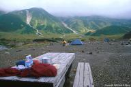 The camp site at Raichozawa with the Tateyama mountain in the background.