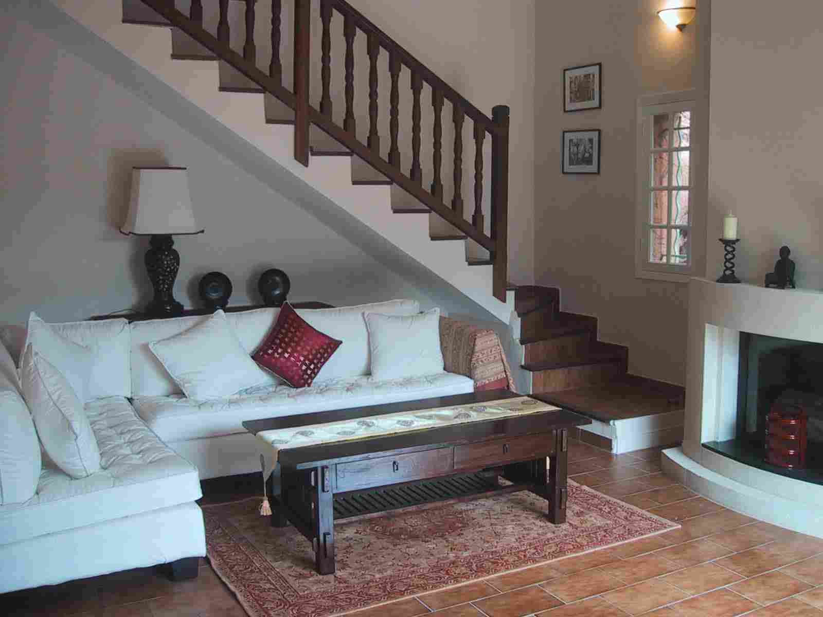 Living room with stone fireplace